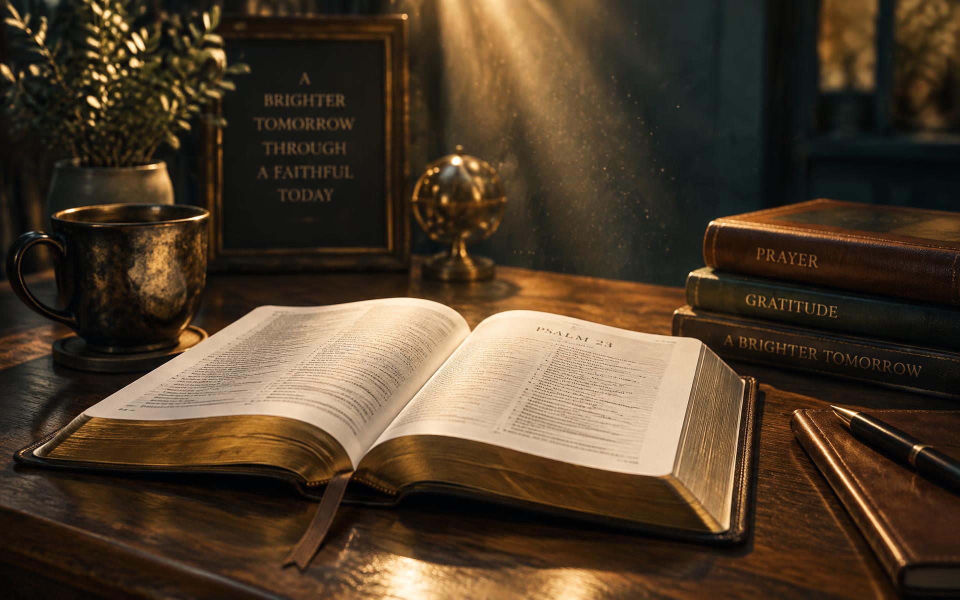 An open book lit by warm morning light beside a stack of journals